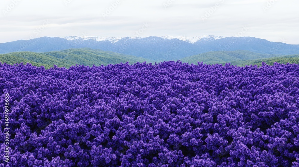 Fototapeta premium A vibrant field of purple flowers stretches across the landscape, with majestic mountains in the background, Ideal for nature-themed projects, travel promotions, or floral designs,
