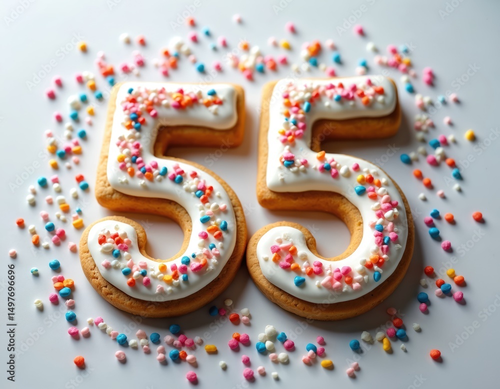 Decorated cookie number 55. Perfect for birthday anniversary celebration. Sweet baked treat glazed with white icing, colorful sprinkles. Party festive mood. Decorated cookie number 55. Perfect for birthday anniversary celebration. Sweet baked treat glazed with white icing, colorful sprinkles. Party festive mood.