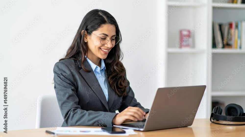Concentrated businesswoman working on her laptop with a bookshelf background Concentrated businesswoman working on her laptop with a bookshelf background