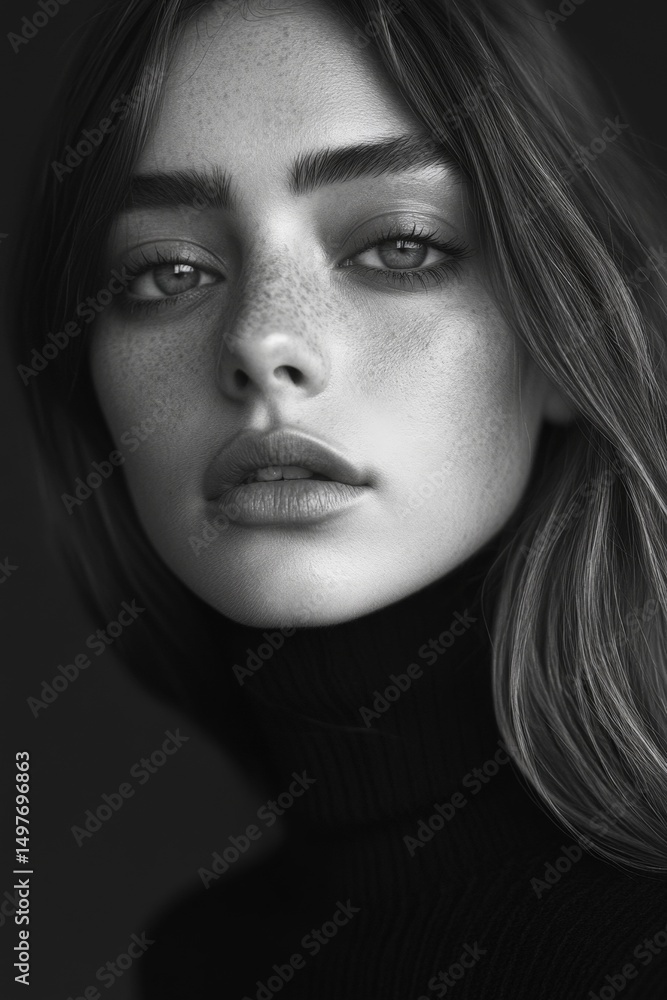 A woman with a pixie cut and a black sweater. The photo is black and white. The woman's face is the main focus of the image A woman with a pixie cut and a black sweater. The photo is black and white. The woman's face is the main focus of the image