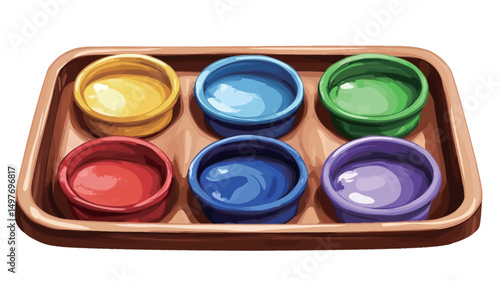High-angle, close-up view of a rectangular tray containing six small, round cups filled with brightly colored paints. The paints appear glossy and smooth, with visible reflections suggesting a wet.