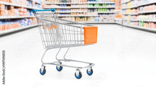 Wallpaper Mural A shopping cart stands alone in a bright supermarket aisle, perfect for conveying themes of retail, consumerism, or grocery shopping, This image can be used in marketing, blogs, or advertisements, Torontodigital.ca