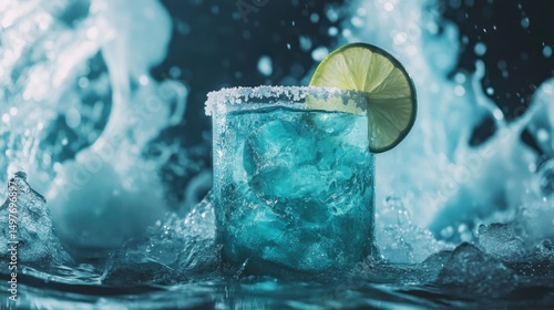 Icy blue cocktail with lime in splash.