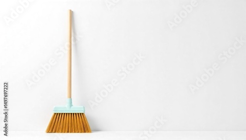 A clean, new broom stands upright against a pristine white background, ready for sweeping  Perfect for cleaning, spring cleaning, household chores, and home organization imagery  , bright, chores