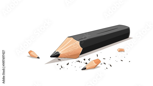 High-resolution close-up image of a broken black pencil lying on a pristine white background. The pencil is sharply focused, showcasing the texture of both the graphite core and the surrounding.