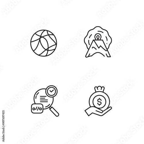 Modern minimalist line art icons representing global connectivity, exploration, research, and finance