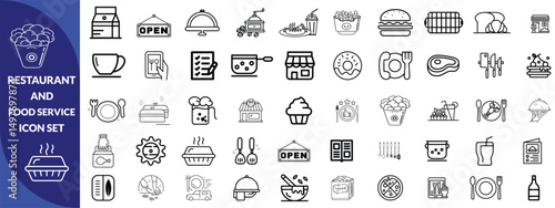 Restaurant and food service icon set. Thin line editable stroke icons for menus, meals, dining, drinks, cafes, bars, delivery, culinary branding, types of food and restaurants. icon Design big set.