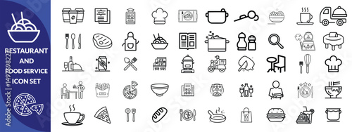 Restaurant and food service icon set. Thin line editable stroke icons for menus, meals, dining, drinks, cafes, bars, delivery, culinary branding, types of food and restaurants. icon Design big set.