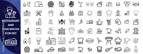 Restaurant and food service icon set. Thin line editable stroke icons for menus, meals, dining, drinks, cafes, bars, delivery, culinary branding, types of food and restaurants. icon Design big set.