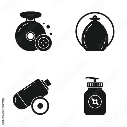 Set of four distinct black silhouette illustrations of diverse objects in a minimalist design