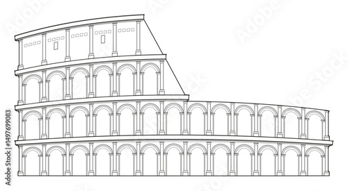 Colosseum amphitheatre in Rome, Italy. Graphic vector outline blueprint architecture. One of the most famous landmarks and symbols of Italy