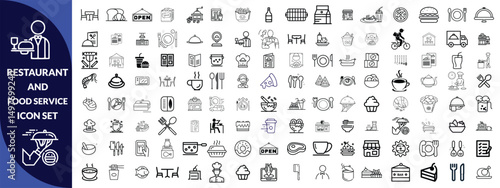Restaurant and food service icon set. Thin line editable stroke icons for menus, meals, dining, drinks, cafes, bars, delivery, culinary branding, types of food and restaurants. icon Design big set.