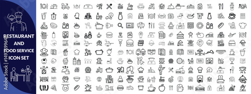 Restaurant and food service icon set. Thin line editable stroke icons for menus, meals, dining, drinks, cafes, bars, delivery, culinary branding, types of food and restaurants. icon Design big set.