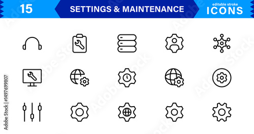Settings Maintenance Line Icons Set. Configuration, system update, technical support, tools, service editable stroke icon vector collection