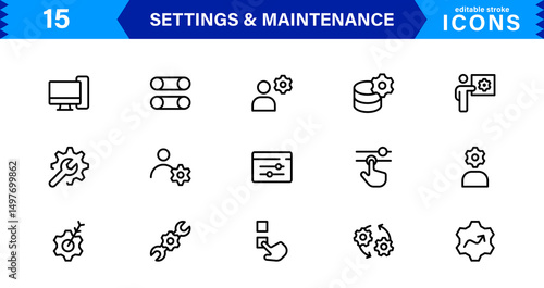 Settings Maintenance Line Icons Set. Configuration, system update, technical support, tools, service editable stroke icon vector collection