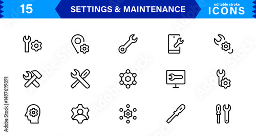 Settings Maintenance Line Icons Set. Configuration, system update, technical support, tools, service editable stroke icon vector collection