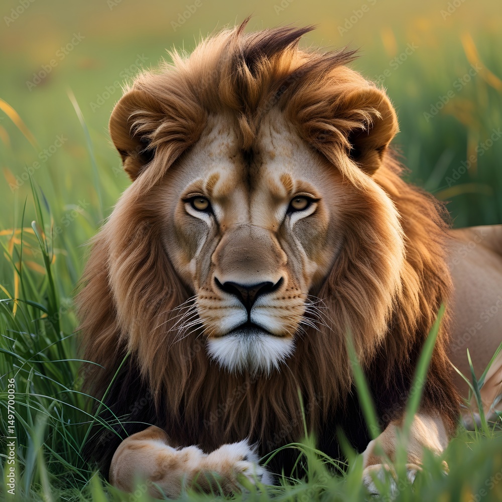 Fototapeta premium Majestic Lion's Gaze: A striking, photorealistic image showcasing the regal beauty of a lion, the king of the jungle, resting amidst tall green grass, its piercing gaze and full mane capture.