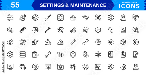 Settings Maintenance Line Icons Set. Configuration, system update, technical support, tools, service editable stroke icon vector collection