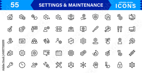 Settings Maintenance Line Icons Set. Configuration, system update, technical support, tools, service editable stroke icon vector collection