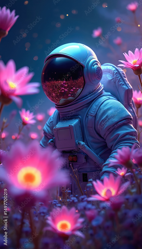 Fototapeta premium Astronaut explores space garden with glowing neon flowers. Surreal cosmos art with violet, green lights. Futuristic concept of fantasy adventure exploration.
