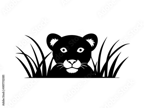Panther Cub Head in Grass Silhouette