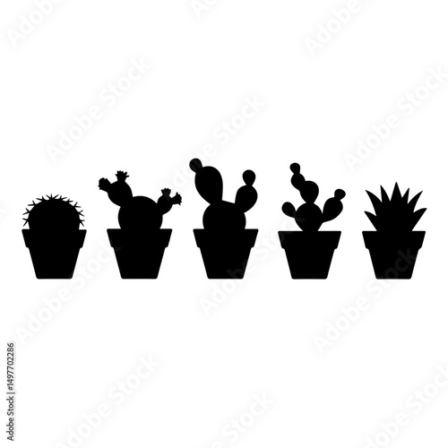 Silhouette illustration of six different potted cactus and succulent plants arranged in a row. The vector design features diverse plant shapes in black on a white background, ideal for decoration them