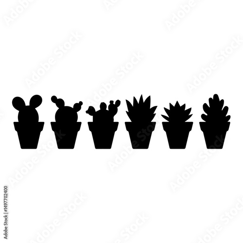 Silhouette illustration of six different potted cactus and succulent plants arranged in a row. The vector design features diverse plant shapes in black on a white background, ideal for decoration them