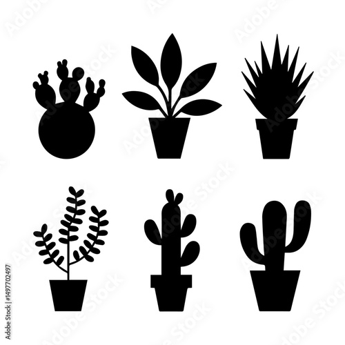 Silhouette illustration of six different potted cactus and succulent plants arranged in a row. The vector design features diverse plant shapes in black on a white background, ideal for decoration them