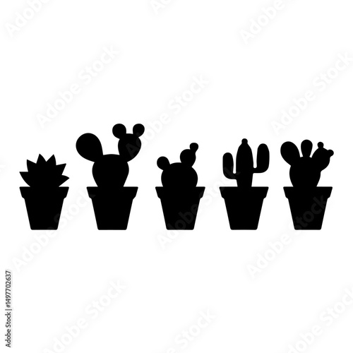 Silhouette illustration of six different potted cactus and succulent plants arranged in a row. The vector design features diverse plant shapes in black on a white background, ideal for decoration them