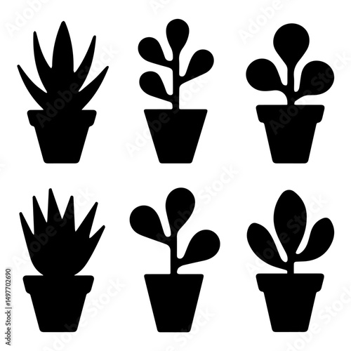 Silhouette illustration of six different potted cactus and succulent plants arranged in a row. The vector design features diverse plant shapes in black on a white background, ideal for decoration them
