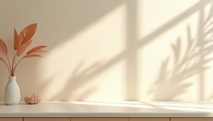Minimalist interior design. White vase with dry leaves and pumpkin on shelf. Window shadow, sunlight background. Autumn mood studio template for product placement.