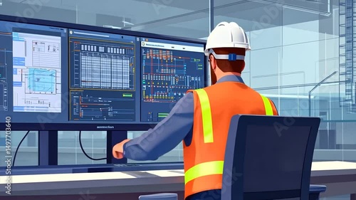 Engineer monitors system, industrial plant background