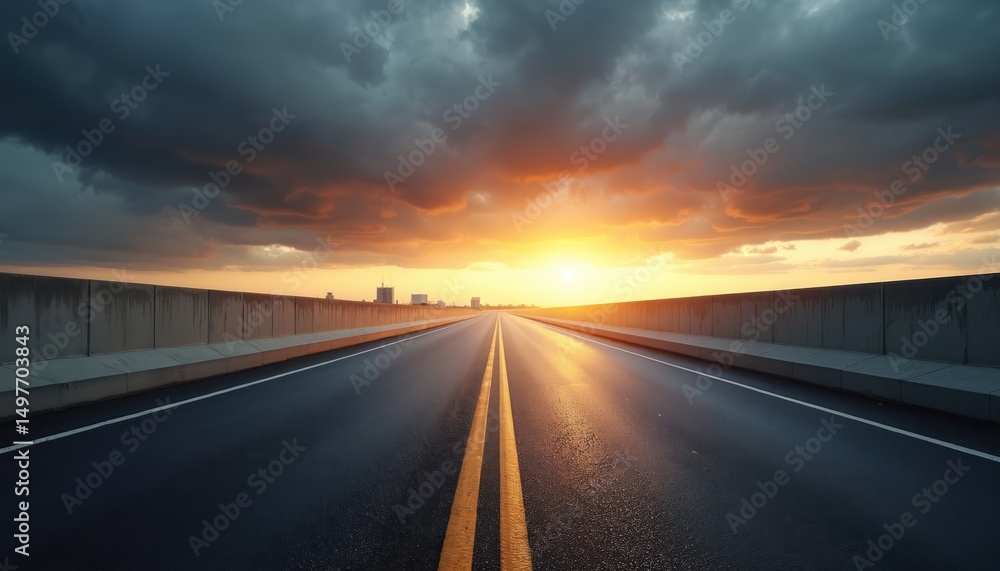 Naklejka premium Empty asphalt road leads toward sunset with dramatic sky. Dramatic clouds lit golden sunlight. Urban highway design with empty street. Driving, travel, journey concept background.