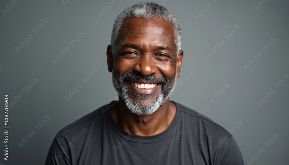 Happy, confident, middle-aged black man with short grey hair, beard smiles at camera. Mature male with perfect white teeth shows joy. Beauty skin care concept. Portrait, perfect skin, anti-aging Happy, confident, middle-aged black man with short grey hair, beard smiles at camera. Mature male with perfect white teeth shows joy. Beauty skin care concept. Portrait, perfect skin, anti-aging