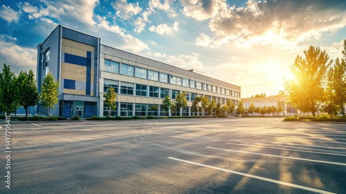 High school building with large parking lot and signage
