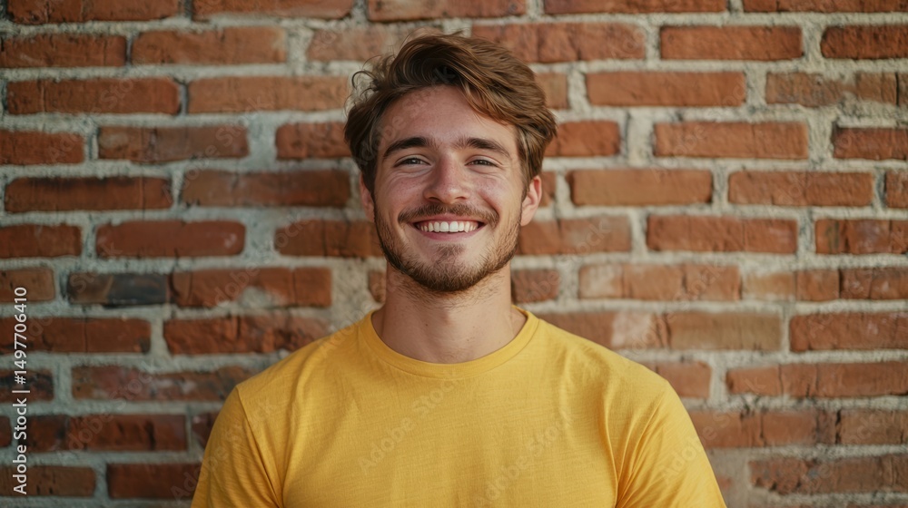 Man smiling in yellow t-shirt near brick wall Man smiling in yellow t-shirt near brick wall