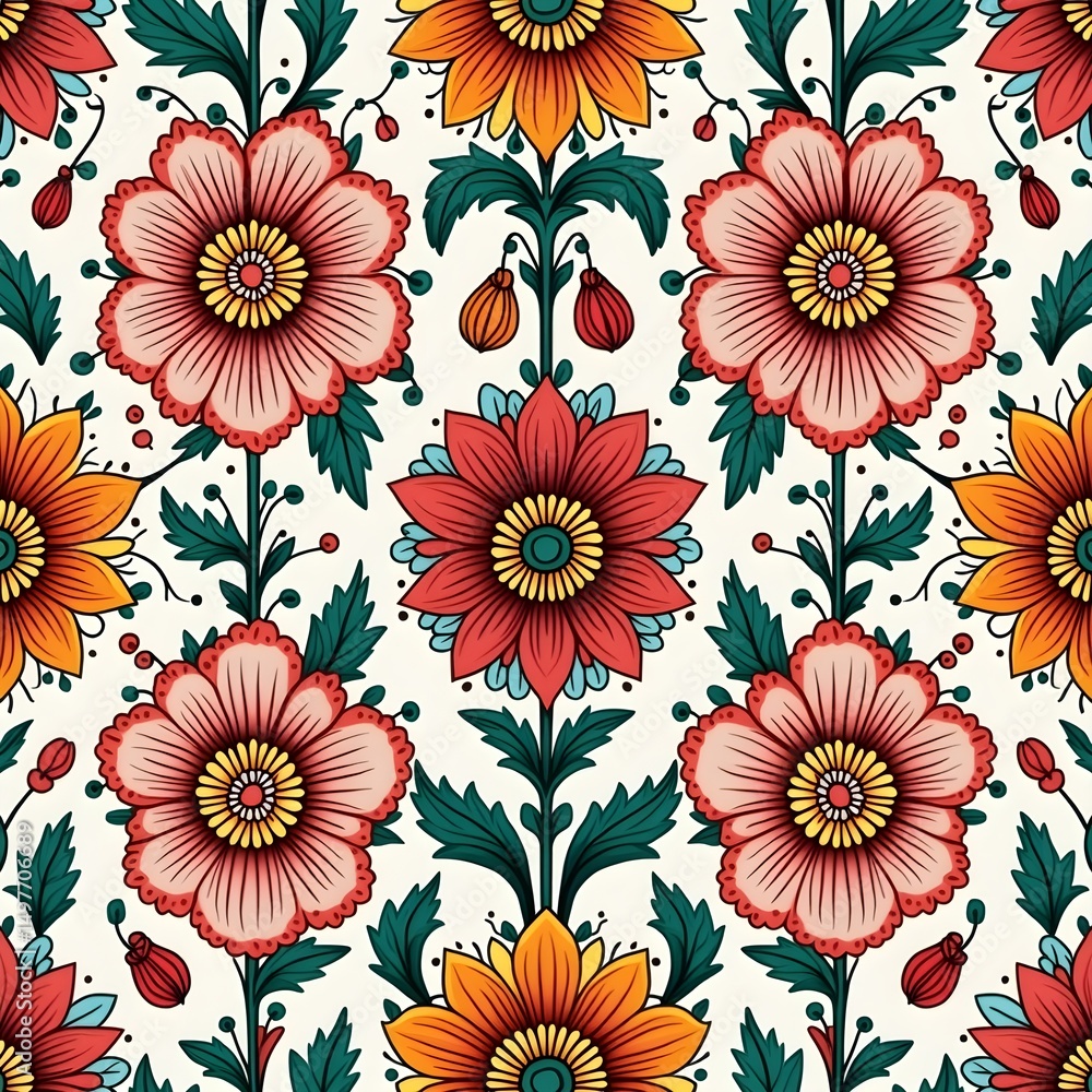 Mexican flower traditional pattern background in coloring style. Ethnic embroidery decoration ornament. Flower symmetry texture. Festive mexican floral motif. Vector illustration Generative AI Mexican flower traditional pattern background in coloring style. Ethnic embroidery decoration ornament. Flower symmetry texture. Festive mexican floral motif. Vector illustration Generative AI