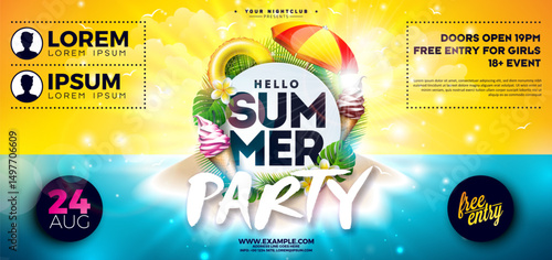 Summer Beach Party Flyer Design with Abstract Design Elements and Typography Lettering on Tropical Island Background. Vector Summer Holiday Illustration with Exotic Palm Leaves and Flower for Banner