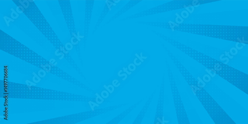 Comic background. Pop art texture. Starburst cartoon style. Anime design with explosion effect for print. Fun dot pattern. Blue backdrop with halftone gradient. Funny line frame. Vector illustration