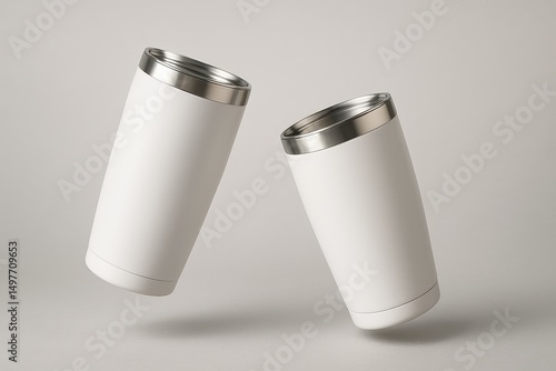 Minimalist White Tumblers: A pair of pristine, cylindrical tumblers hover in mid-air. Each features a sleek, clean design and a subtle, metallic rim.