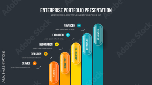 Investor Forecast Frame Layout Vector Illustration. Enterprise Briefing 5 Step Infographic Presentation Template. Professional Portfolio Five Element Diagram Slide Design.