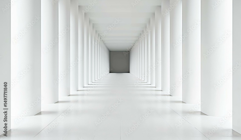 Fototapeta premium A long, empty corridor with white columns and a dark end wall