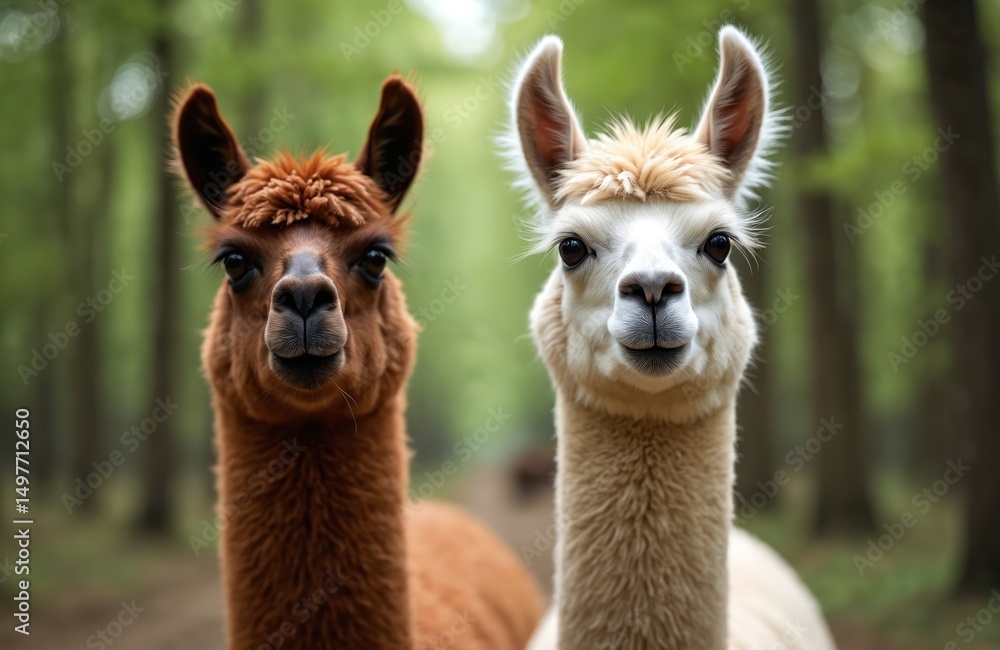 Obraz premium Two llamas make funny faces in natural habitat. Portrait of two cute animals with unique expressions. They look cheerful, smiling, happy. Fun, quirky, happy llamas posing in the forest.