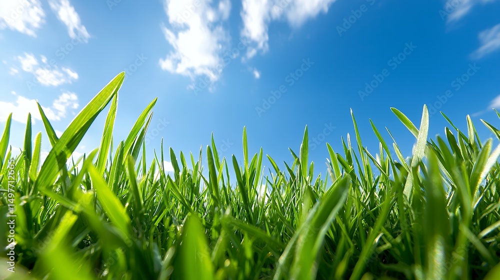 Obraz premium Green Grass with Blue Sky and Clouds