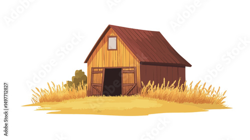 The image showcases a digital illustration of a rustic wooden barn situated in a field of golden-hued wheat or hay. The barn is depicted in a style suggestive of a cartoon or children's book.