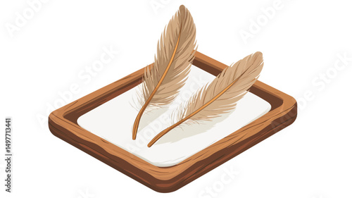 The image showcases a high-angle, close-up view of two light brown feathers delicately placed on a pristine white surface. The feathers exhibit a subtle texture and variations in their light beige.