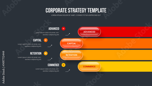 Product Report Frame Design Vector Illustration. Business Growth 4 Option Diagram Slideshow Template. Financial Overview Four Step Infographic Slide Layout.