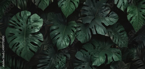 Intricate black and deep green tropical leaf pattern, abstract shapes ,  rainforest,  exotic