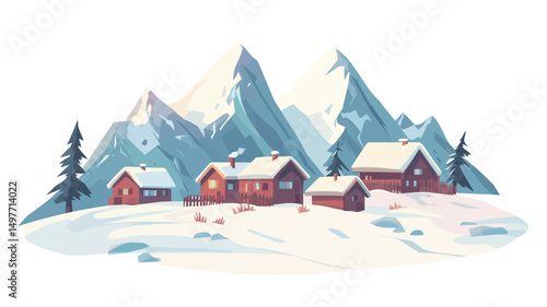 This digital illustration depicts a charming winter village nestled amongst snow-covered mountains. The style is cartoonish, using flat vector shapes with minimal shading to create a sense of.