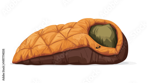 Digital illustration of an orange and brown sleeping bag, depicted against a stark white background. The sleeping bag is rendered in a slightly stylized manner, with a noticeable quilted texture.